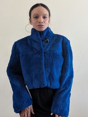 Electric Blue Rabbit Fur Bolero Jacket Cropped Vintage Statement Coat M